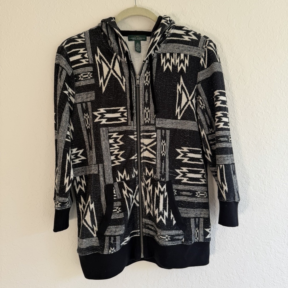 Ralph Lauren Womens Aztec Hoodie Sweater Cardigan Medium Southwestern 3/4 Sleeve